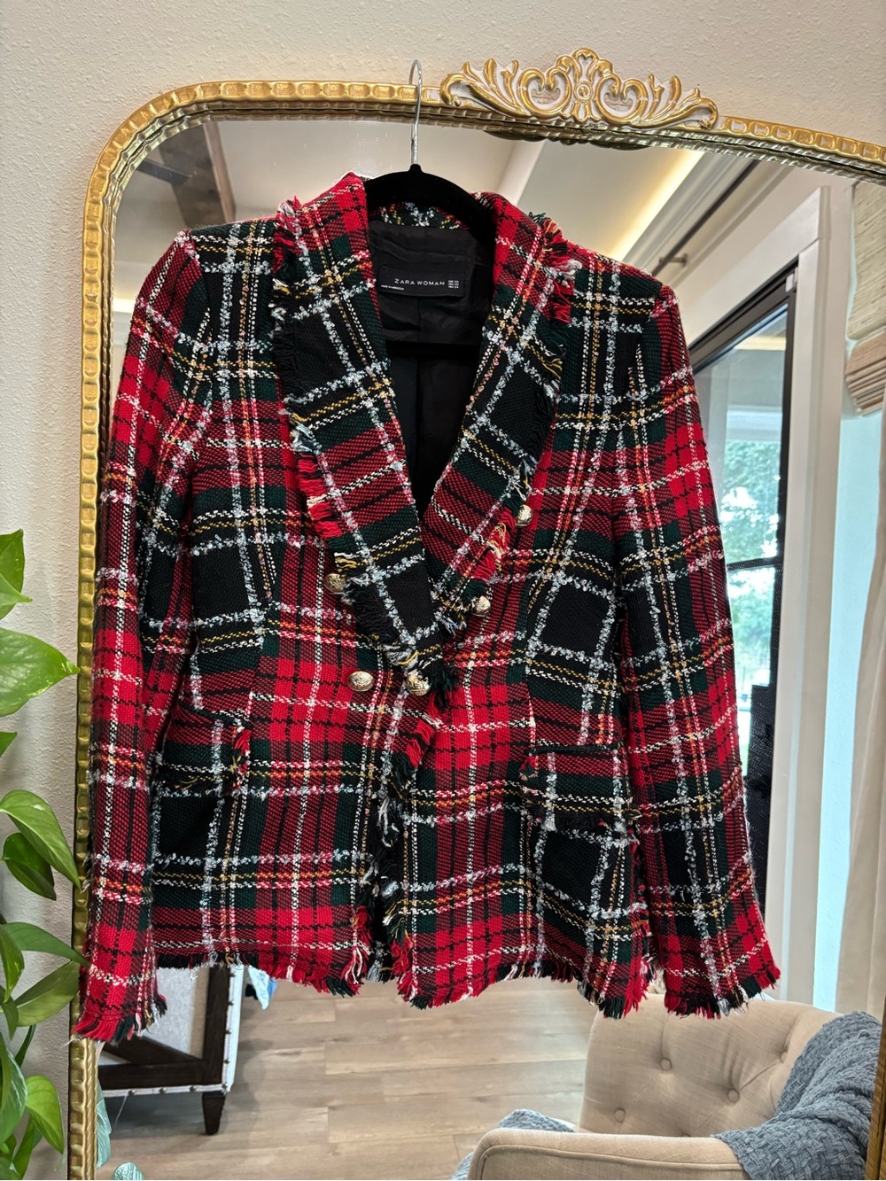 Zara Red & Black Plaid Tweed Jacket